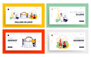 Fototapeta na wymiar Young, Senior Characters Proposing Ring Set. Landing Page Template. Man Stand on Knee Make Proposal Ask Marry in Park, Paris or Restaurant. Love Engagement Marriage. Linear People Vector Illustration
