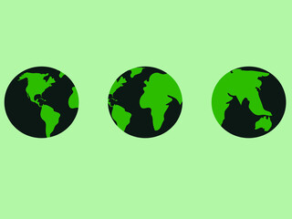 Green world map. Set of three globes. Set of world globes isolated on green background. Vector illustration of three world maps. USA, Africa, Asia, North America and South America.