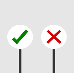 signboard Green check mark and red X mark and Wrong for feedback