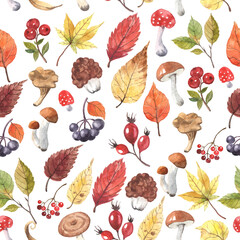 Watercolor seamless pattern with autumn leaves, berries and mushrooms. Illustration for printing on fabric and paper.