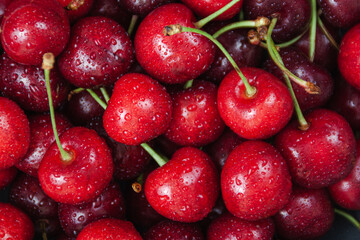 Ripe ripe cherries. Sweet red cherries. Top view. Rustic style. Fruit Background