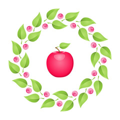 Vector summer circle design elements with red apple and fresh green leaves