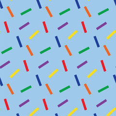 Seamless pattern with colorful sticks. Print for textile, gift wrapping paper, cards, web and design. Celebration style. Christmas presents, confetti. Blue background with color elements
