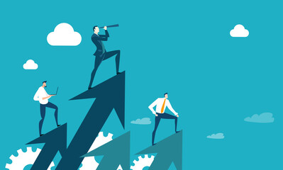 Successful businessman and his team standing at arrows and looking with the telescope for new business opportunities. New business, start up Business concept illustration