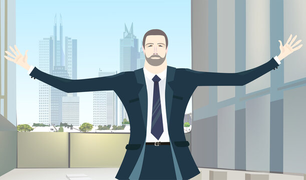 Businessman with wide open arms welcoming people in office. Business concept illustration