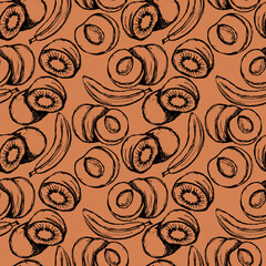 seamless pattern, kiwi, peaches, bananas, monochrome colors, background with fruit in doodle style, ornament for wallpaper and fabrics, scrapbooking paper