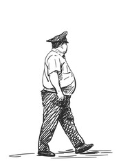 Kazakhstan police officer plus-size overweight with big stomach, Vector sketch, Hand drawn illustration. View from side