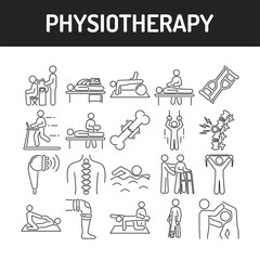 Physiotherapy line black icons set. Rehabilitation, therapy concept. Injury treatment. Isolated vector element. Outline pictograms for web page, mobile app, promo.