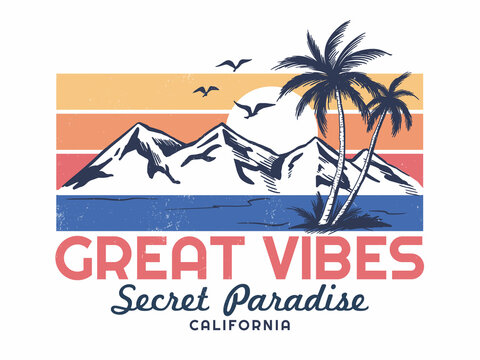 California Theme Vector Illustration With Palm Trees, Birds And The Mountain Illustrations, For T-shirt Print And Other Uses.