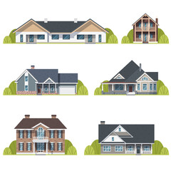 Houses set. Suburban American houses exterior flat design front view with roof and some trees. Collection of classic and modern American houses isolated on the white background. Vector Illustration