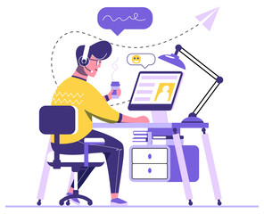 Handsome man is working on computer. A man is sitting on an armchair behind an office Desk with books and a cup of coffee and chatting at his computer. Working process flat design. Vector Illustration