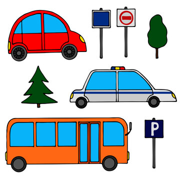 vector illustration in cartoon style in bright color, drawing car, road signs, bus, isolate on a white background