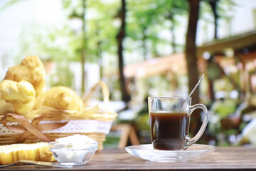Fresh pastries on the table. French flavored croissant.