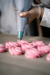 The process of making zephyr marshmallow at pastry shop kitchen.