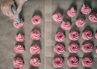 The process of making zephyr marshmallow at pastry shop kitchen.