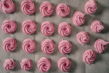 The process of making zephyr marshmallow at pastry shop kitchen.