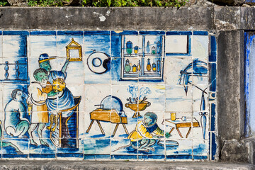detail of old azulejos in the palace gardens of the Marquis de Fronteira in Lisbon, Portugal