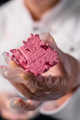 The process of making zephyr marshmallow at pastry shop kitchen.