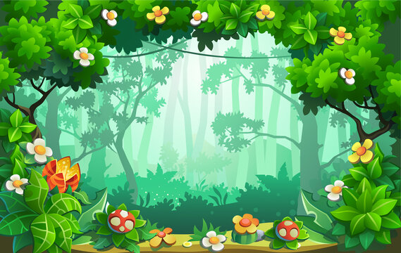 Thicket with deciduous trees, bushes and flowers. Vector background.