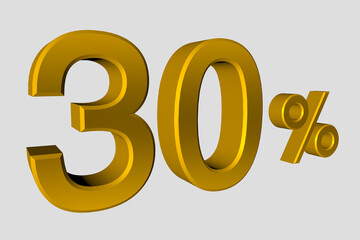 The inscription is 30% of realistic 3D numbers in gold metalic color. Illustration of a thirty percent discount or sale for advertising poster, banner advertising and more. 3d render.