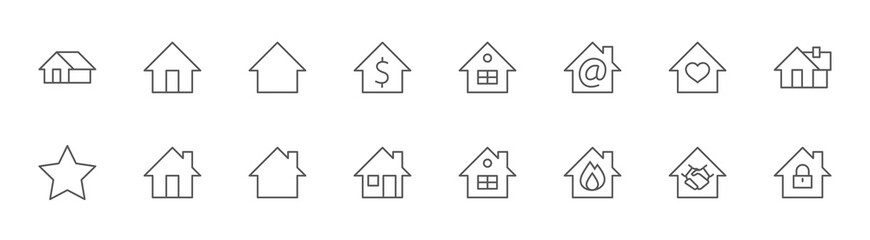 House Home Line Icons. Drop Water, Fire, Money, Bank. Editable Stroke
