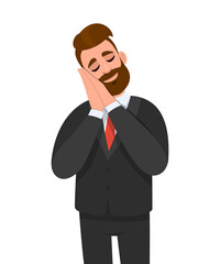 Young businessman standing and sleeping with hands together while closed eyes. Stylish person in tired and dreaming pose. Relax and sleep time. Male character illustration in vector cartoon style.