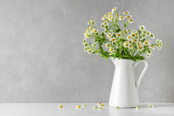 Chamomile or camomile flowers bouquet on white background with copy space. still life. wedding or holiday concept