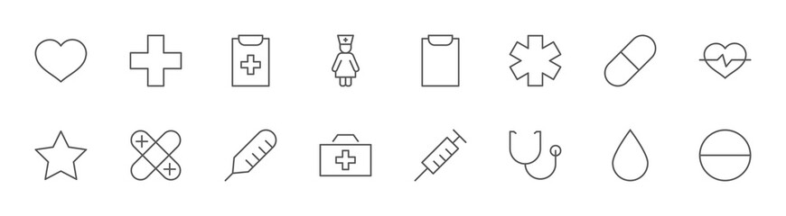 Medicine line Icons. Nurse, Syringe, Thermometer, Pills, Heart Editable Stroke