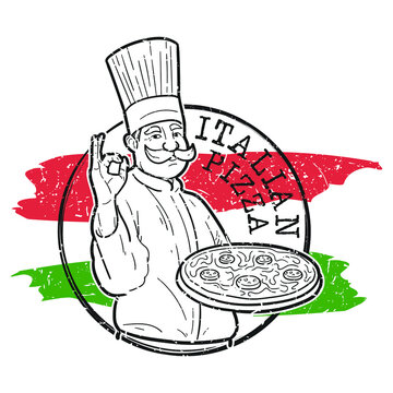Italian Food Chef Doodle. Italy Pizza Icon. Vector Illustration Design Stamp.