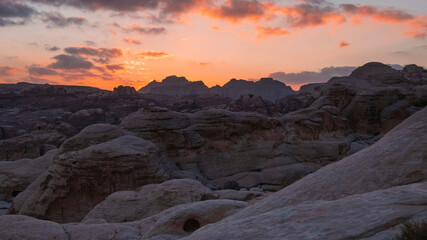 Sunset in the deserted ancient city of Petra in Jordan.