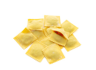 Fresh Golden-colored ravioli pasta with tomato sauce, isolated on a white background, top view