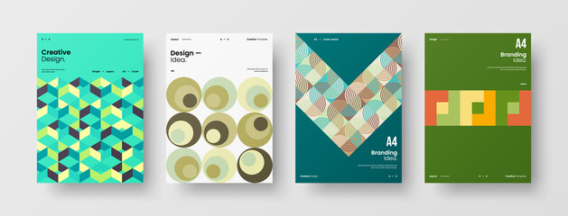 Company identity brochure template collection. Business presentation vector A4 vertical orientation front page mock up set. Corporate report cover abstract geometric illustration design layout bundle. © kitka