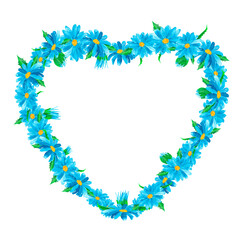 Beautiful template in the form of a flower arrangement of blue daisies for the design of postcards, photo frames, packaging, textile layout. Heart design.