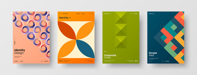 Company identity brochure template collection. Business presentation vector A4 vertical orientation front page mock up set. Corporate report cover abstract geometric illustration design layout bundle.