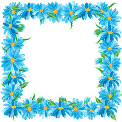 beautiful template in the form of a flower arrangement of blue daisies
 for the design of postcards, photo frames, packaging, textile layout. Square design.
