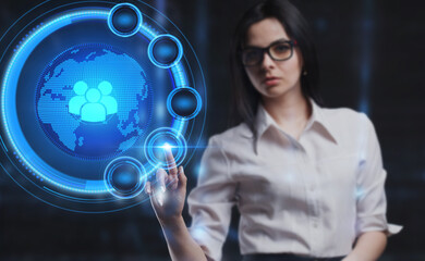 Business, Technology, Internet and network concept. Young businessman working on a virtual screen of the future and sees the inscription: