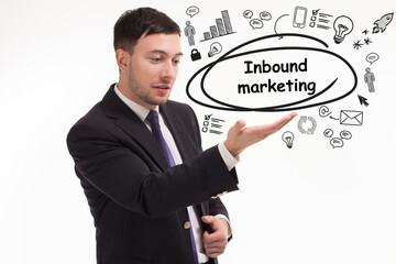 Business, technology, internet and network concept. Young businessman thinks over the steps for successful growth: Inbound marketing