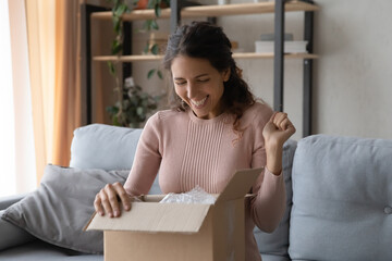 Excited young Caucasian woman open cardboard postal package unboxing internet order at home, happy...
