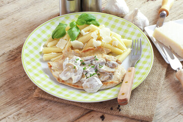 assiette de pâtes et escalope de poulet sauce aux champignons