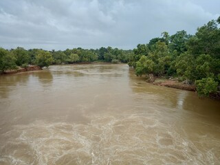 Overflowing river in monsoon in South Indian State Kerala