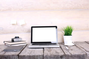 Fototapeta premium Work place concept : Mock up Blank screen computer desktop with keyboard co-working background