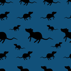Black rat. Seamless vector pattern. Rodent on an isolated blue background. Silhouette. Peddler of plague and other diseases. An animal is a natural reservoir of infection. Science, medicine.