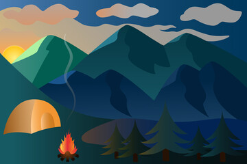 Sunset. Picturesque vector illustration in the fresh air. Mountain landscape. Camping by the lake. A bonfire is set up next to the tent. Flames of fire illuminate the spruce forest. Back to nature. 