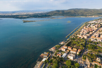 Aerial view of the seaside town of Orbetello on the tuscan coast in the maremma weast lagoon