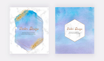 Blue watercolor cards with gold glitter texture, confetti and geometric polygonal lines frames. Modern abstract cover design.
