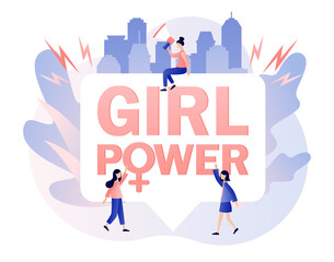 Tiny women and big sign Girl power. Female gender symbol. Feminism concept. International Women's Day. Modern flat cartoon style. Vector illustration on white background