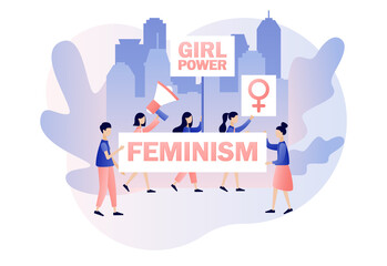 Fototapeta na wymiar Girl power and feminism concept. Tiny women with banner, posters and megaphon. Female gender symbol. Modern flat cartoon style. Vector illustration on white background