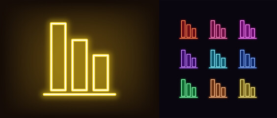 Neon downfall graph icon. Glowing neon drop diagram sign, down bar chart