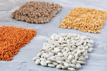 Trend healthy food, healthy eating concept. Beans, chickpeas, yellow peas, red lentils.