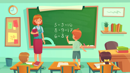 Maths class, woman teacher and pupils sitting at desks in room. Kids learning mathematics, having lesson. Boy doing calculation on blackboard. Education concept, knowledge vector illustration